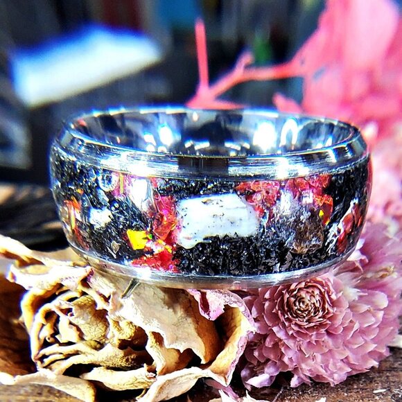 "Extinction" Ring with Dinosaur Bone, Meteorite Shavings & Red Opal - Picture 4 of 6